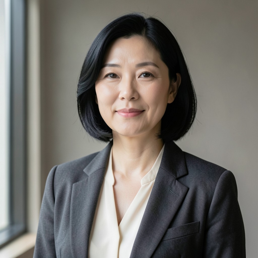Portrait of a woman in a charcoal blazer against a plain warm-gray background
