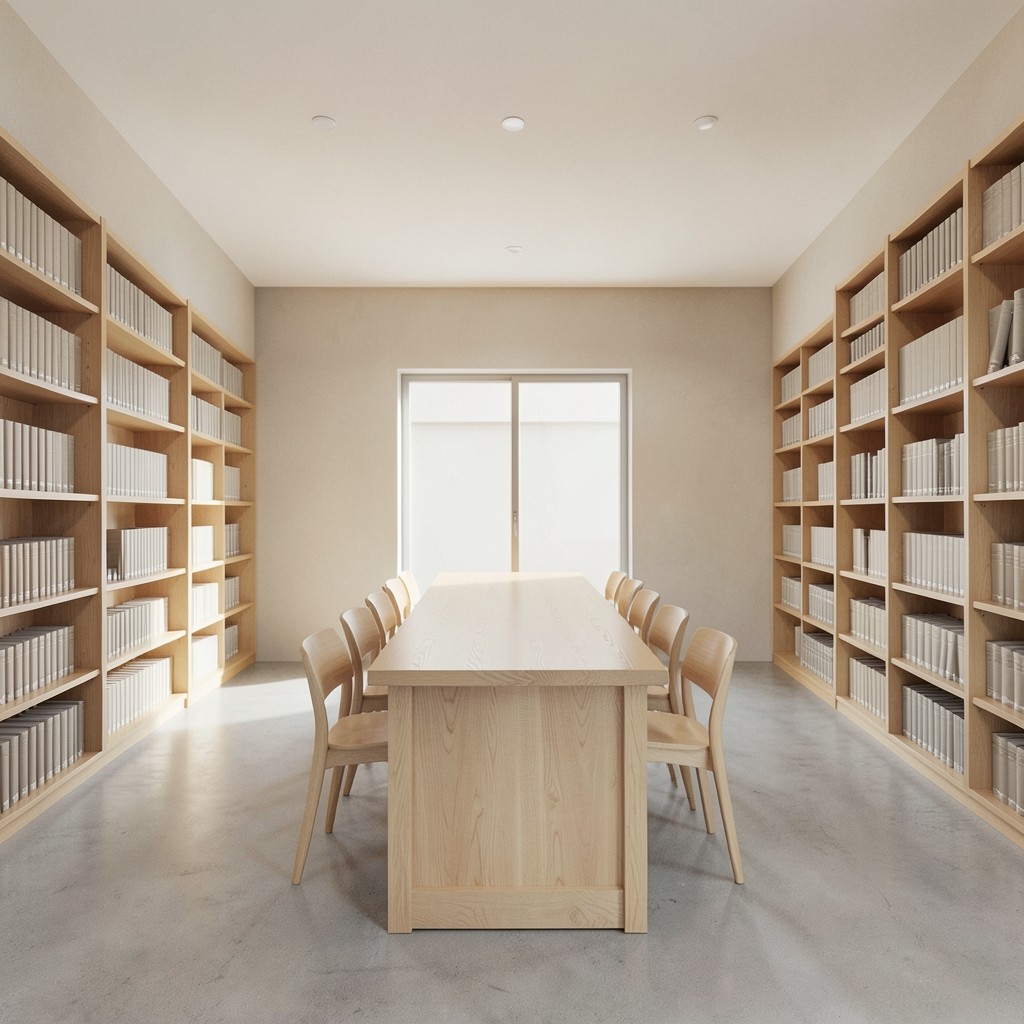 Empty reading room with pale wood shelves, a long table, and morning light