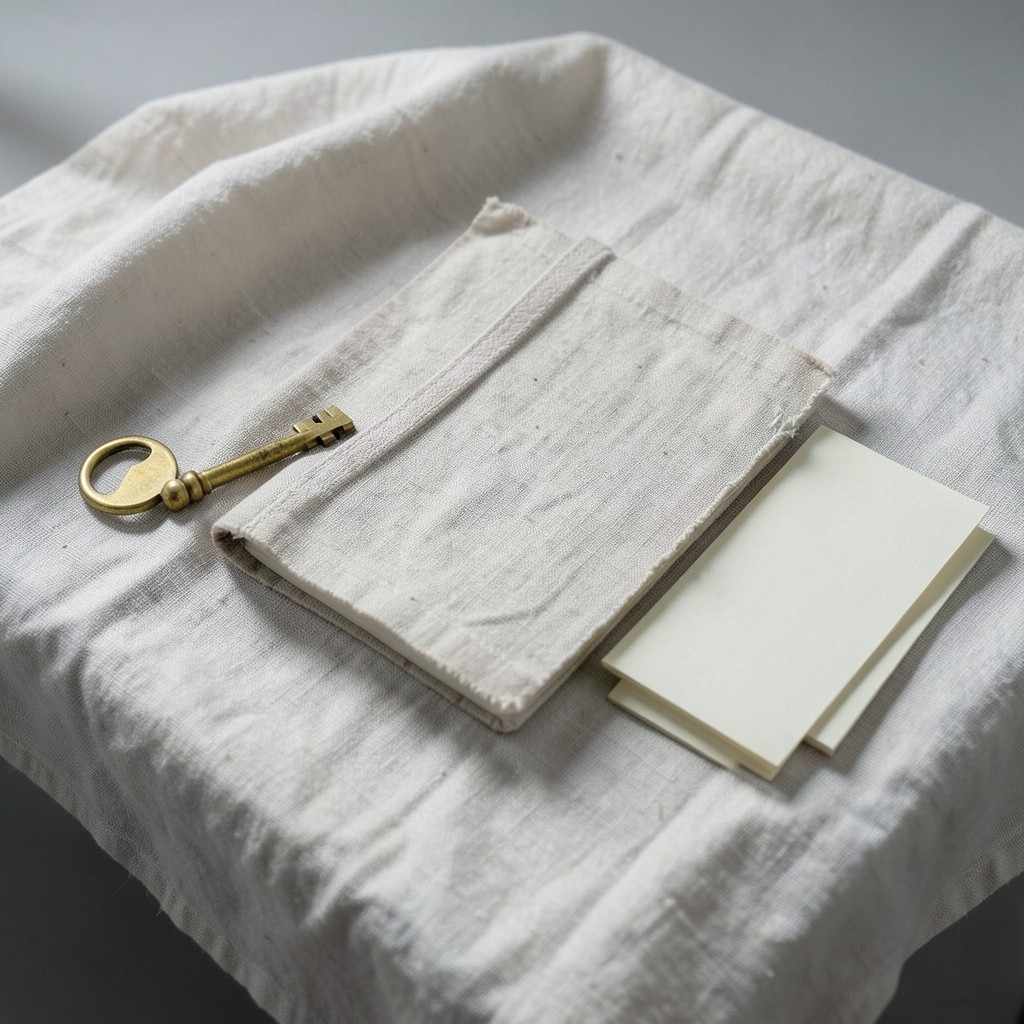 A closed notebook, a small brass key, and blank index cards on a linen desk