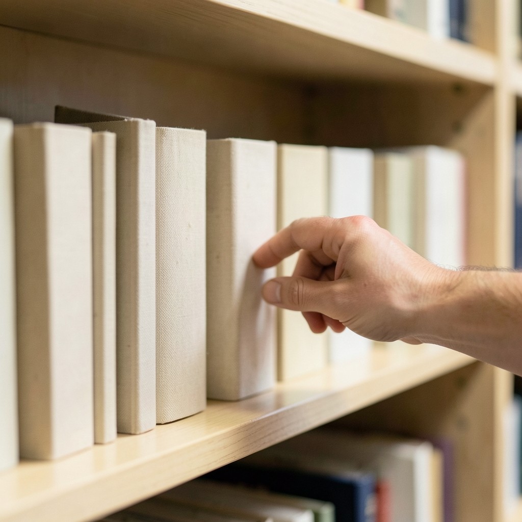 An adult hand reaching toward plain cloth-bound books on a library shelf
