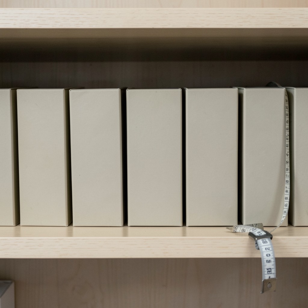 Plain archival boxes spaced apart on a pale wood shelf beside a coiled measuring tape