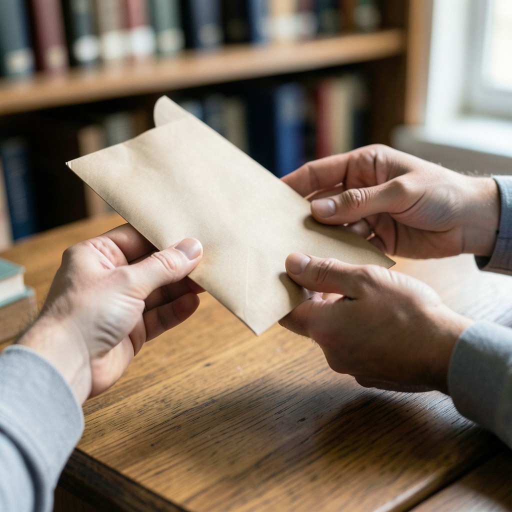 Two adult hands exchanging a plain sealed envelope across a wooden desk
