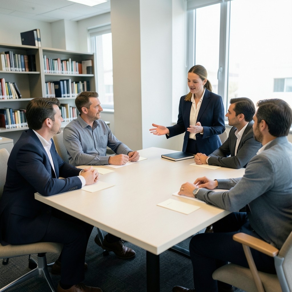 An instructor at the head of a conference table with adult learners and blank cards in a library room