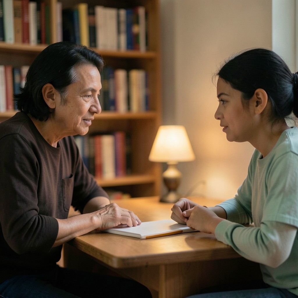 Two adults at a side desk with a single notebook in a softly lit reading room